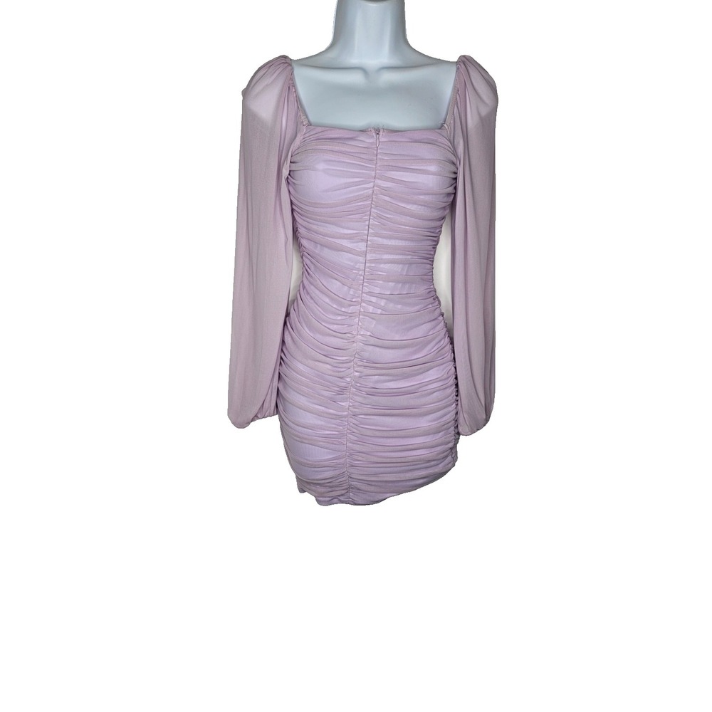 Lavender Ruched Bodycon Dress XS Long Sleeve Mesh Square Neck Mini